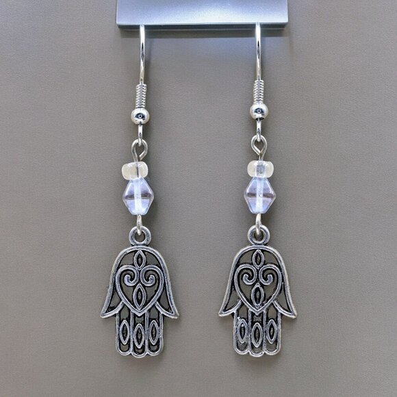 Artisan Jewelry - Handmade Hamsa Earrings with Blue Crystal